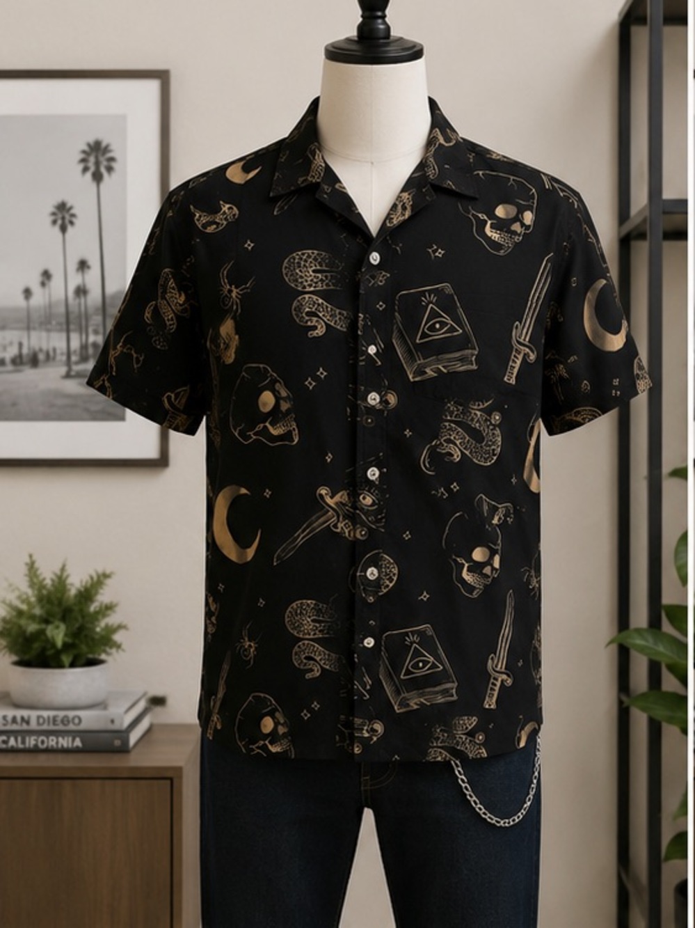 Hot Topic Black Occult Print Button Up Shirt Size Medium Gothic Skull Snake Moon